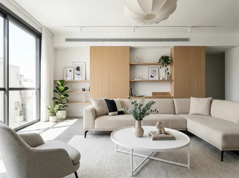 סלון מודרני עם ספה בז׳ ושולחן קפה לבן