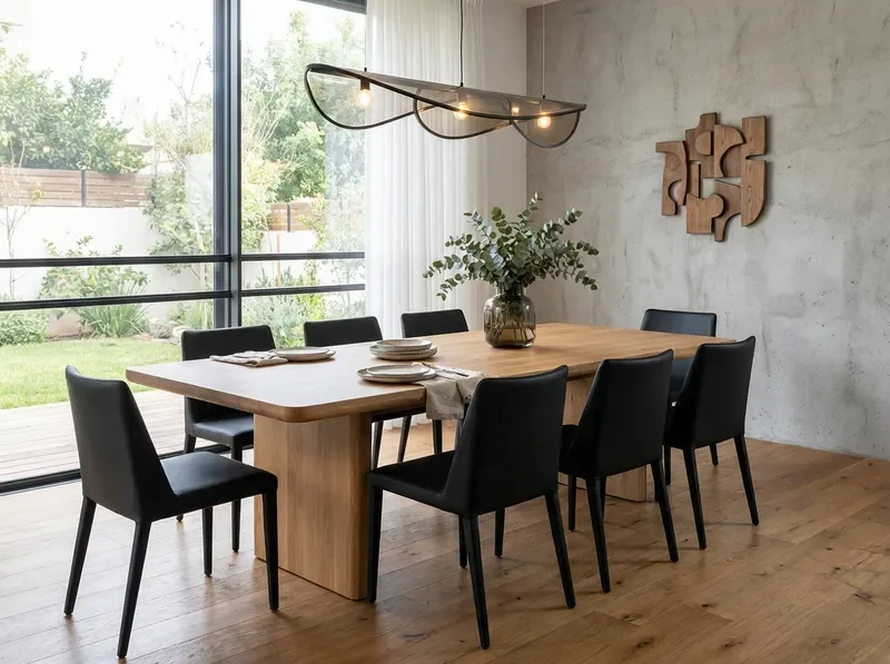 פינת אוכל עם שולחן עץ וכיסאות שחורים